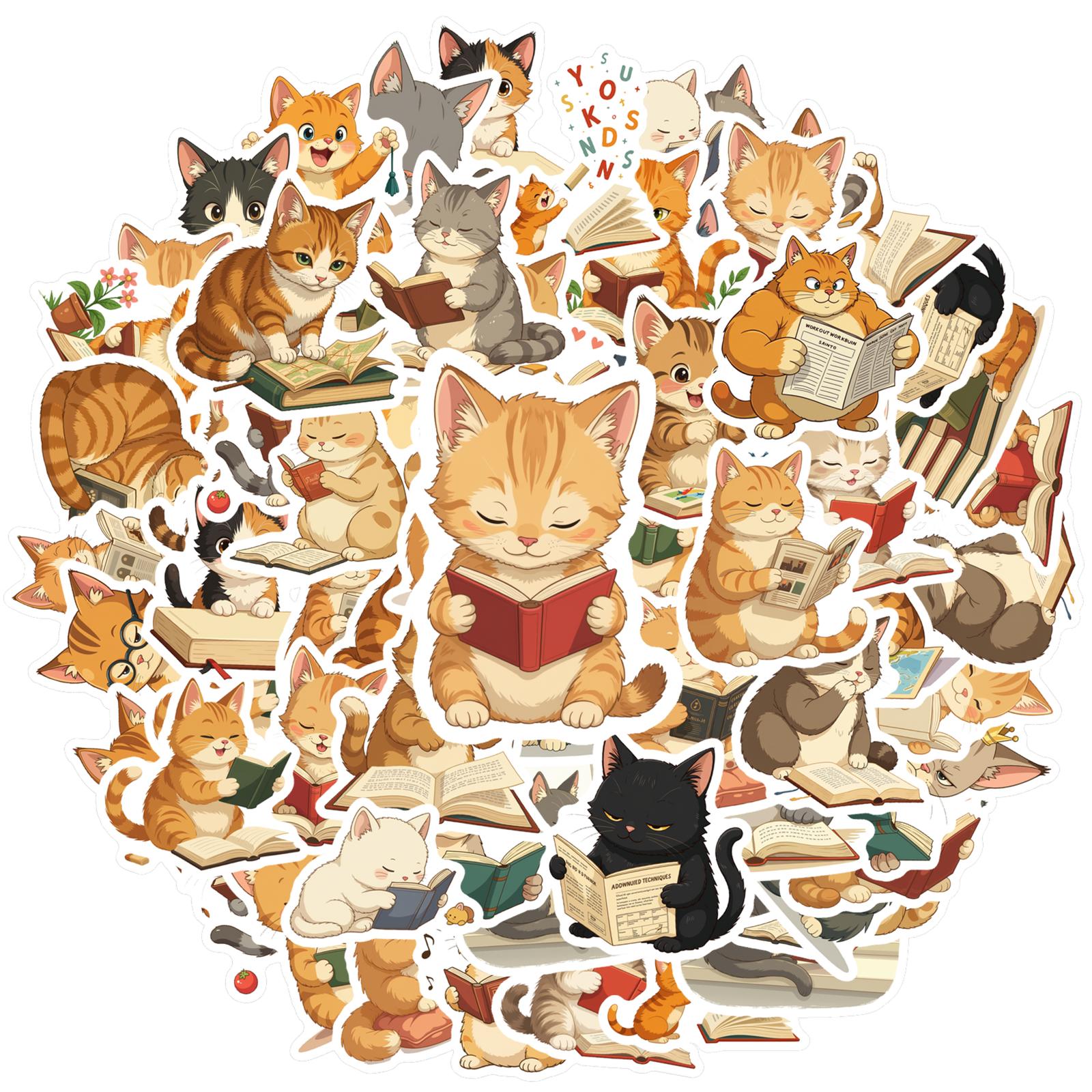 

35-100pcs Cat Reading Stickers Funny Meme Stickers Pack Animal Cartoon Decals Cute Sealing Labels Reward Stickers Gift