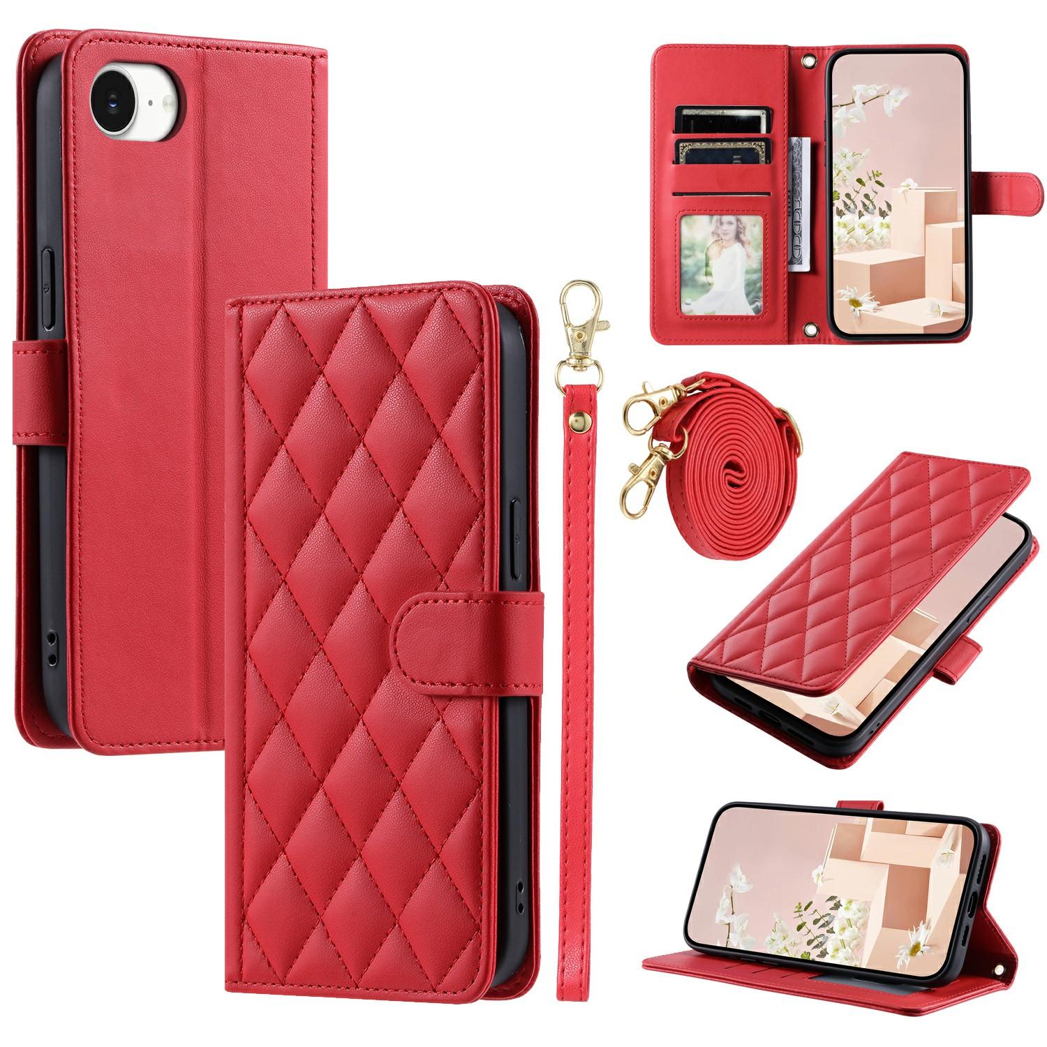 

For iPhone 16e Wallet Case Rhombus Grid PU Leather Phone Cover Red