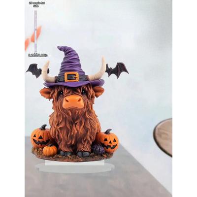 Halloween Decoration Ornament, A Highland Cow Wearing A Magic Hat - 2D Flat Acrylic Desktop Ornament, Four Seasons Decoration