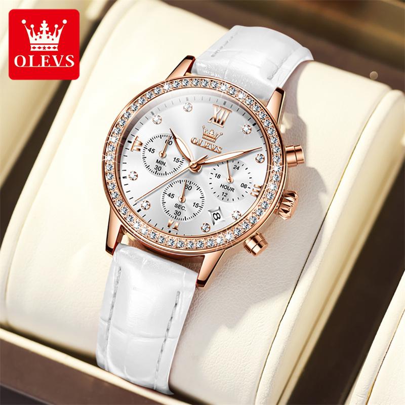 OLEVS Modische Diamantuhren Für Damen Luxusmarke Roségold Gehäuse Damenuhr Quarz Weißes Lederarmband reloj para mujer