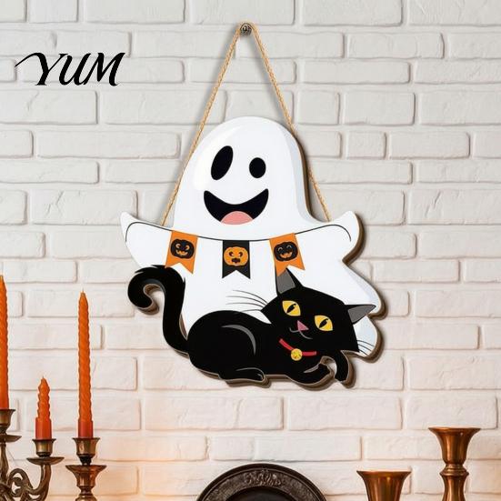 Wooden Hanging Sign for Front Door Cute White Ghost Hanger with Black Cat BOO Gift Halloween Party Banner, Waterproof Plaque Farmhouse Holiday