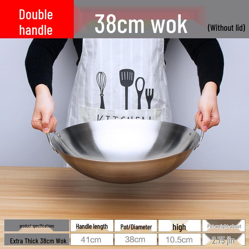 Extra Thick Non-Magnetic Stainless Steel Wok, 34-100cm Round Bottom with Double Ears for Commercial Use