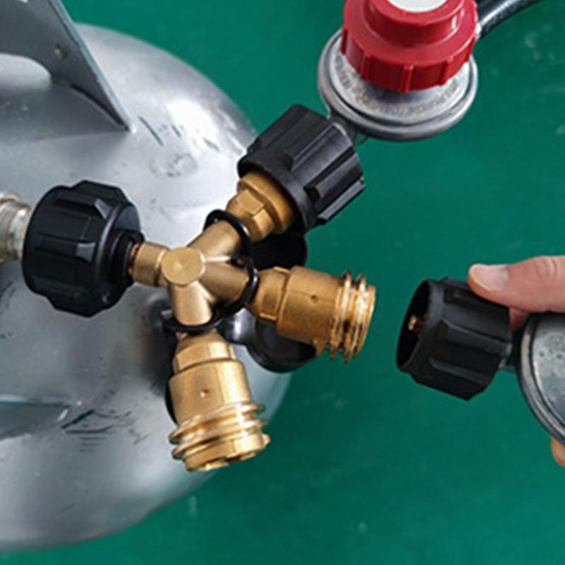 3 Way Propane Tank Y Splitters Adapter Brass Construction With Pressure Gauge Safety Shut Off Valves For Multiple Appliance Connection