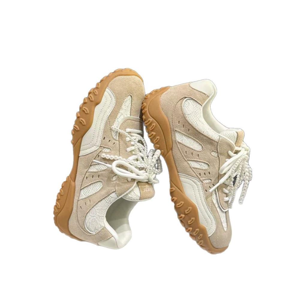 Leather Thick-soled Inner Height-increasing Lace Training Shoes for Women's 2025 Spring and Summer New Pearl Retro Silver Casual Forrest Gump Shoes