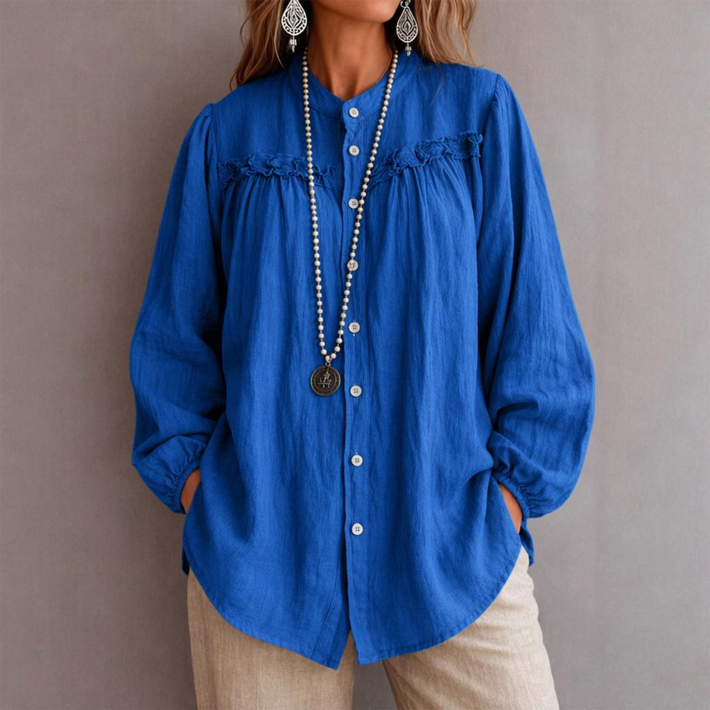 Women's Fall Long Sleeve Blouse with Embroidery and Cutout, Round Neck Loose Fit Casual Shirt
