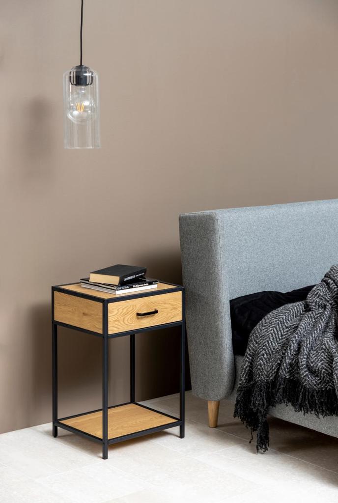 Seaford BEDSIDE CABINET WITH DRAWER AND SHELF, MDF, Metal, Wild Oak