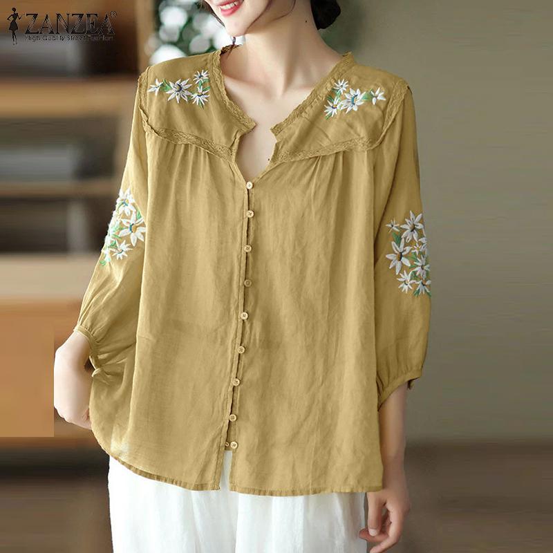 ZANZEA Lässige Bluse mit V-Ausschnitt und 3/4-Ärmeln für Damen