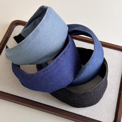 Korean Style Blue Denim Plaid Headband: Versatile, Wide-Brimmed Hairband for Added Height