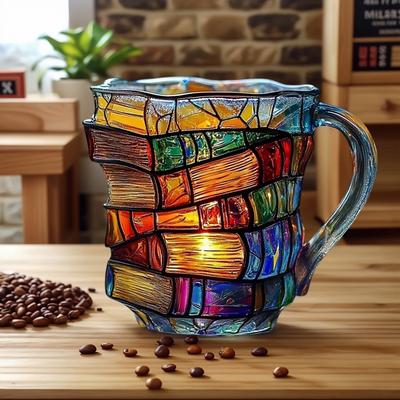 Painted Book Mug Unique 3D Book Stack Coffee Mug Colored Glass Books Coffee Mug for Literature Lovers Collection Gifts