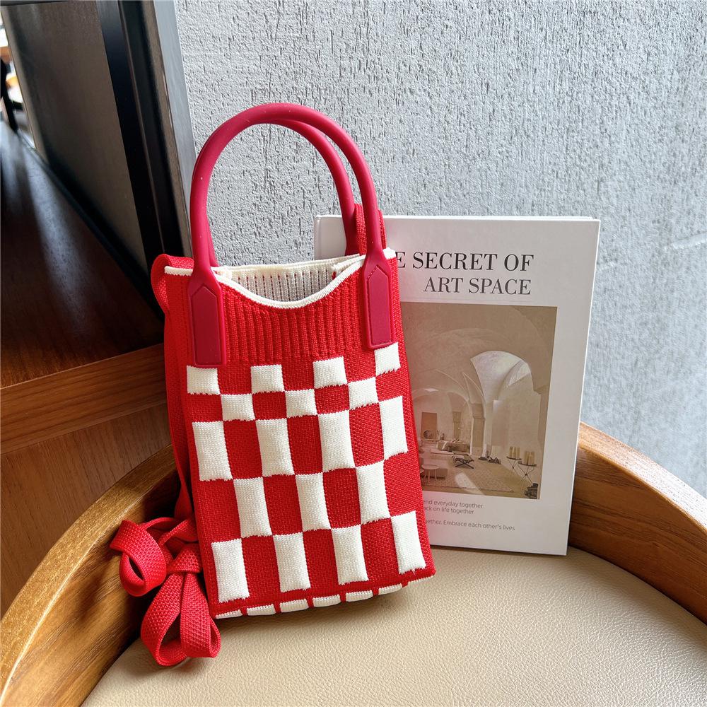 Plaid Cartoon Women's Crossbody Mini Bag: Cute, Lightweight, Knitted Phone Holder for Parent-Child Matching (2024)