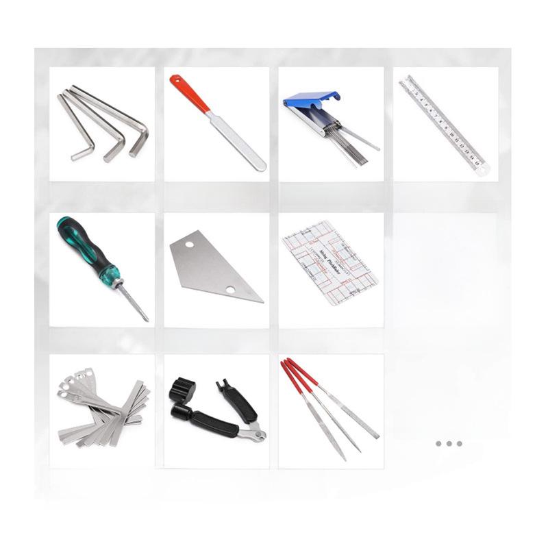 Kit de reparare chitara din 25 de piese: Include instrument de schimbare a corzilor, cheie, dosar de șlefuit, riglă de măsurare, înfășurator de șiruri, riglă de nivelare.