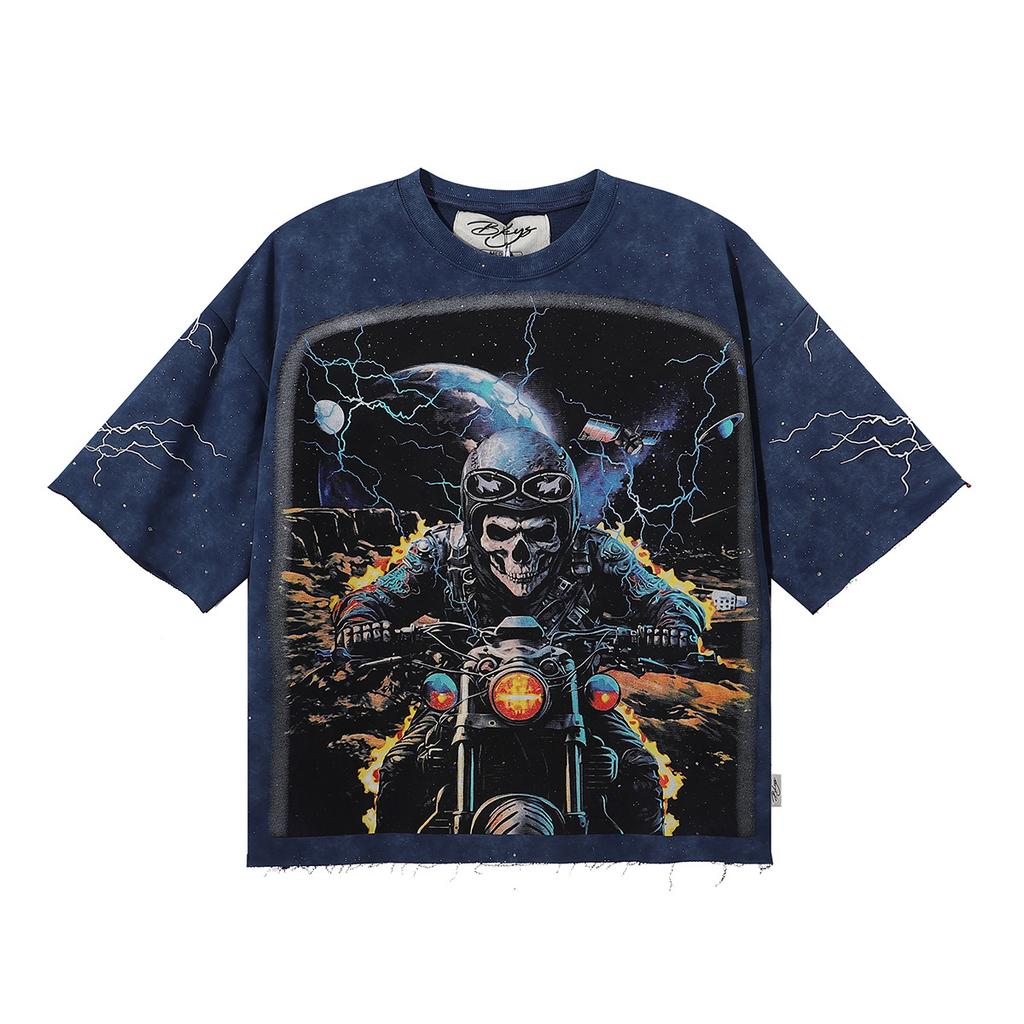 2026 Summer Men's Oversize T-Shirt, Skull Biker Rider Print Space Lightning Dark Street Short Sleeve Tee