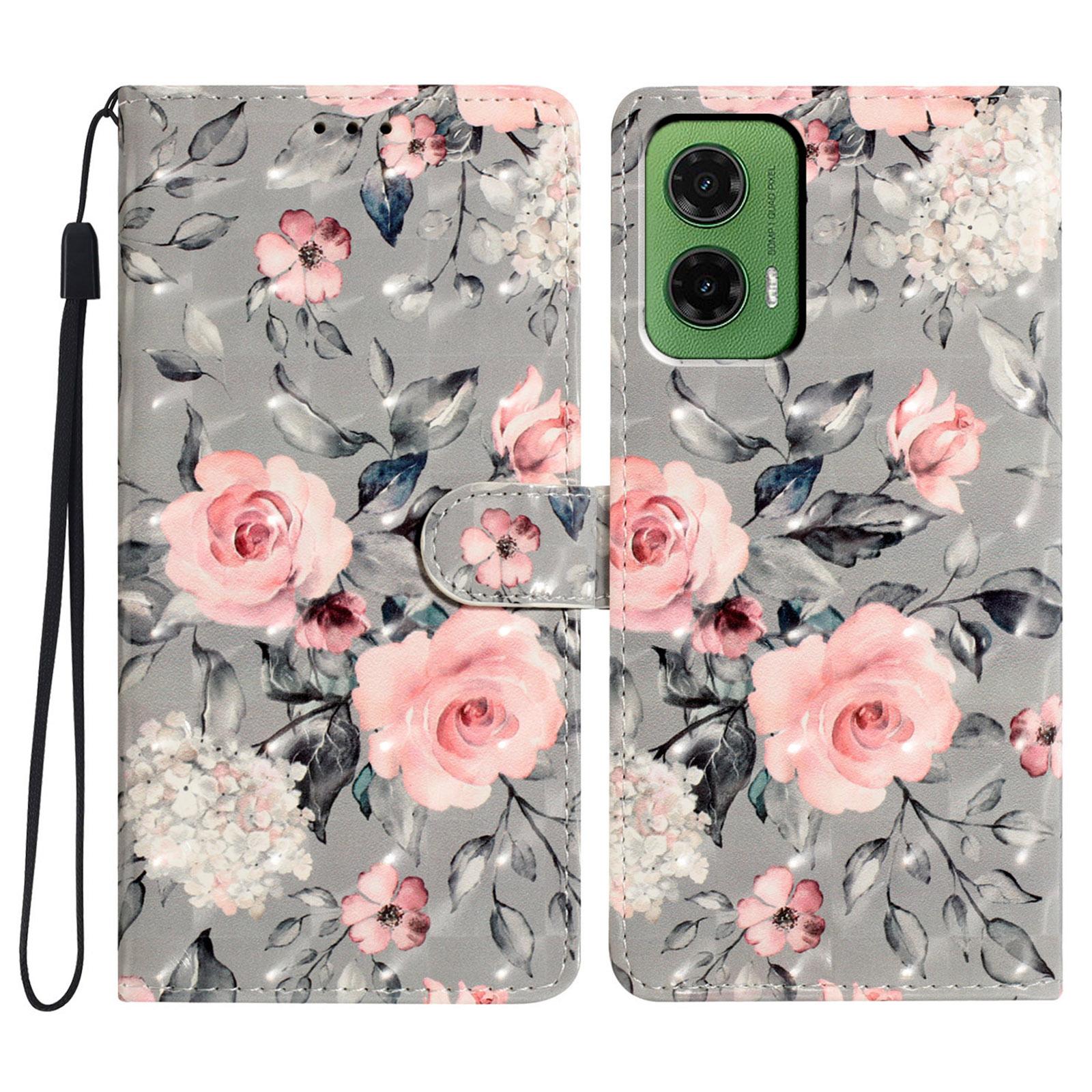 

For Motorola Moto G35 5G Case PU Leather Wallet Phone Cover 3D Pattern Printing Flowers