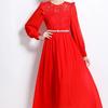 Elegant Women Long Dress Autumn Chiffon Patchwork Lace Hollow Out Lantern Sleeve O Neck Party Robe With Black Pearl Belt