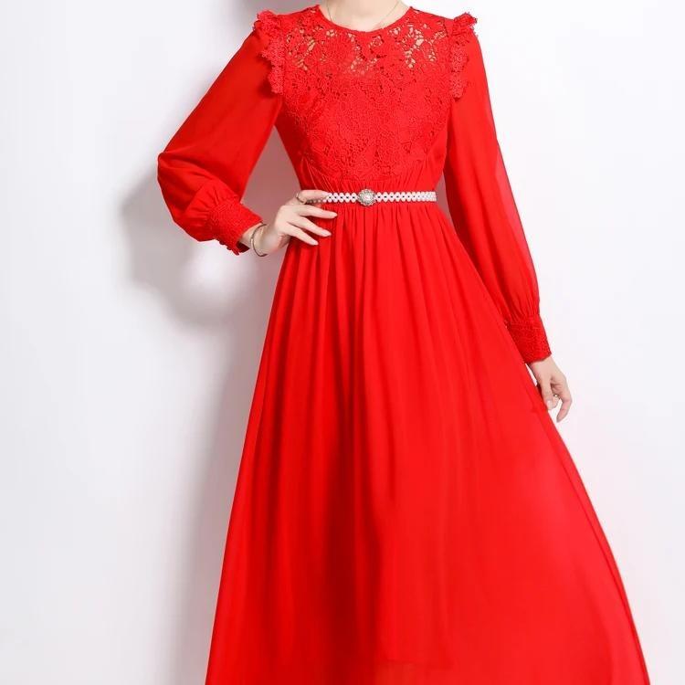 Elegant Women Long Dress Autumn Chiffon Patchwork Lace Hollow Out Lantern Sleeve O Neck Party Robe With Black Pearl Belt