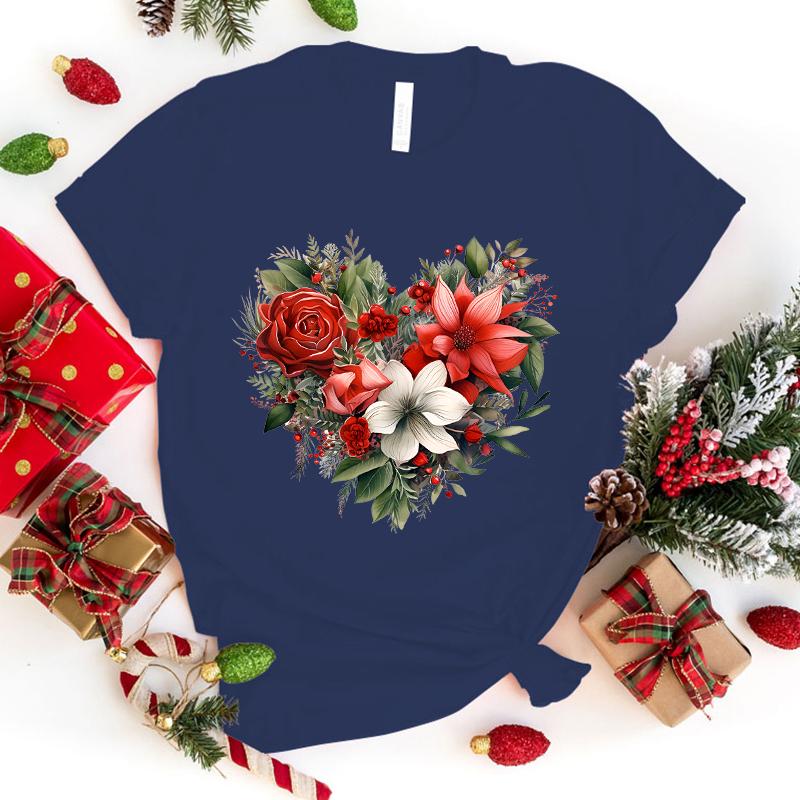 Christmas Flower Love Printed T-Shirts For Women Summer Tee Shirt Femme Casual Short Sleeve Round Neck Tops T-Shirts