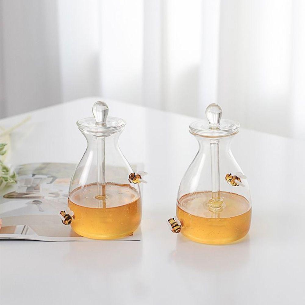Household Large Capacity Glass Honey Jar Clear Three-dimensional Bee Honey Container With Dipper Rod Syrup Jar Muffin