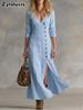 New Spring Summer Fashion Casual Cotton Linen Long Sleeve Buttoned Collar Women's Dress