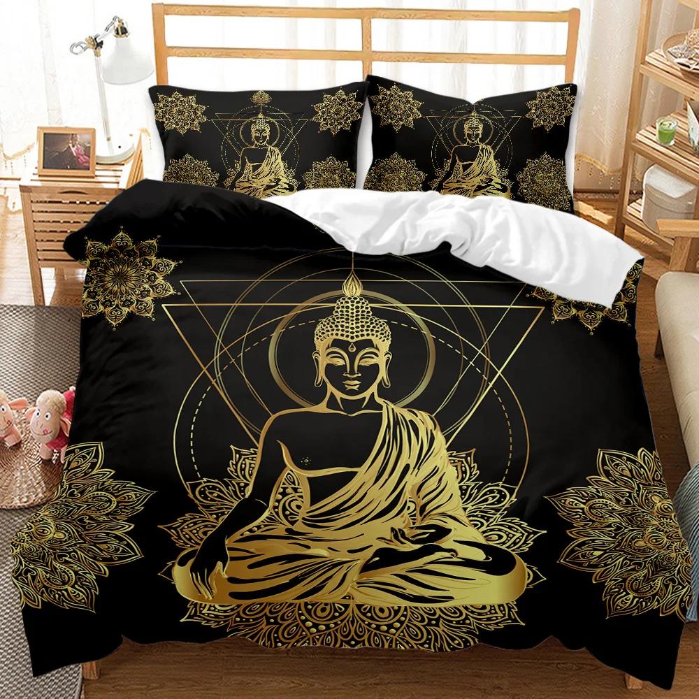Buddha Duvet Cover Set Exotic Ethnic Bohemian Golden Black Lotus Flowers Bedding Set Double Queen King Polyester Qulit Cover