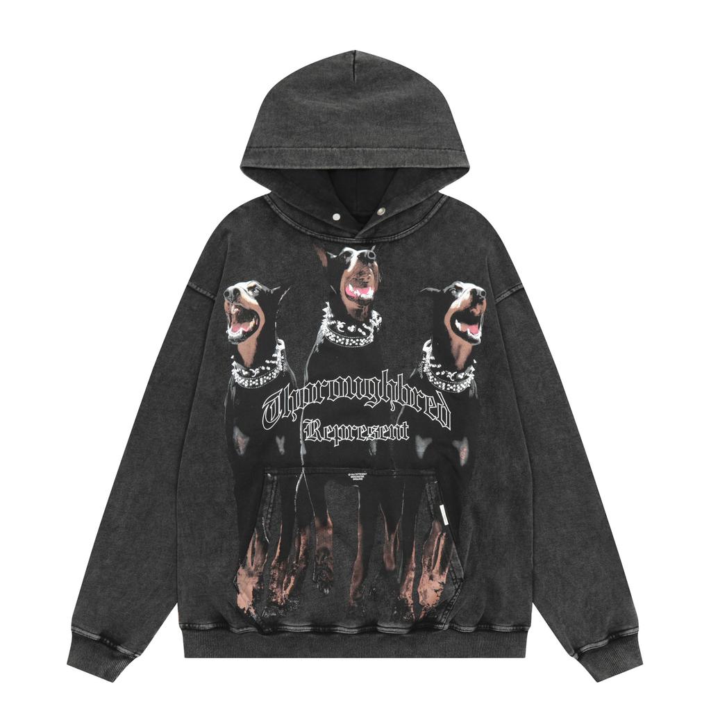 Cross-border Trendy Brand REPRESENT Doberman Hound Washing Water Old High Street Retro Hooded Sweater Men's and Women's Hoodie Jacket