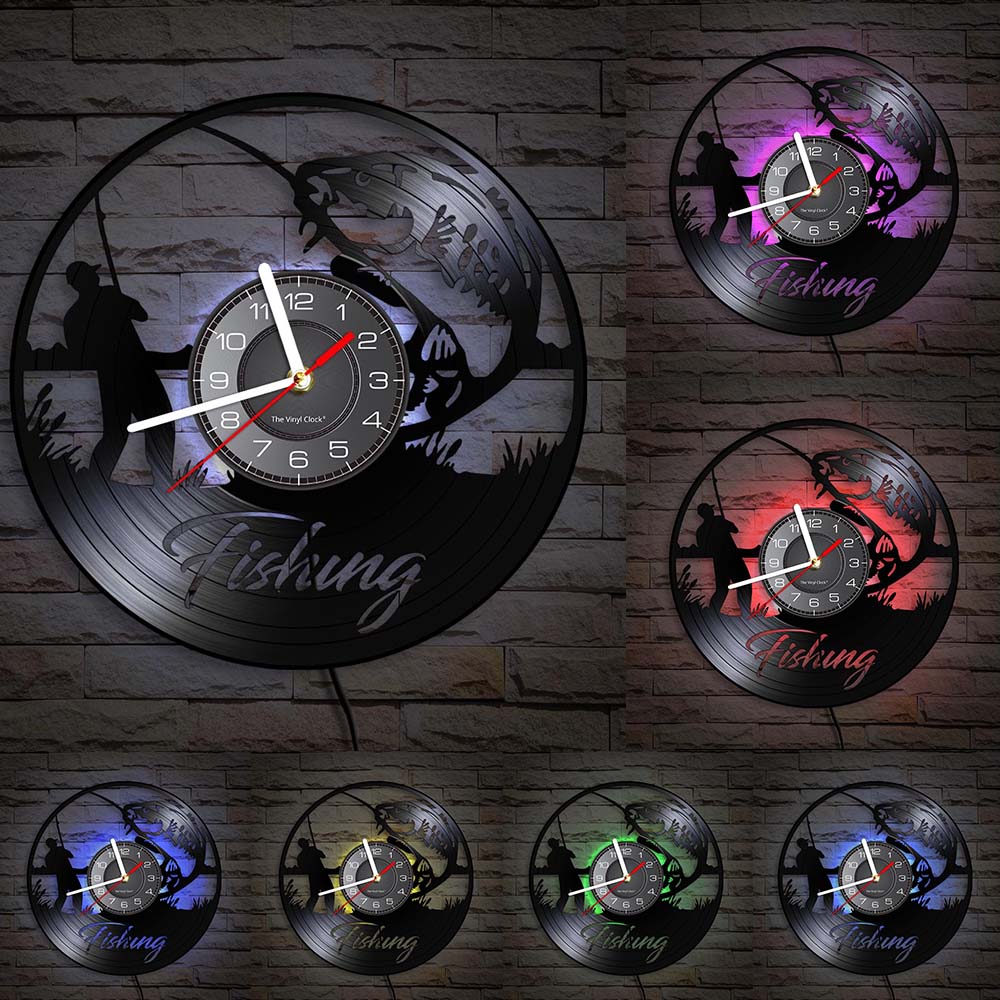 Gone Fishing Wall Art Sign Fish Rod Fisherman Wall Clock Interior Fishing Vinyl Record Wall Clock Handmade Gift For Fishermen