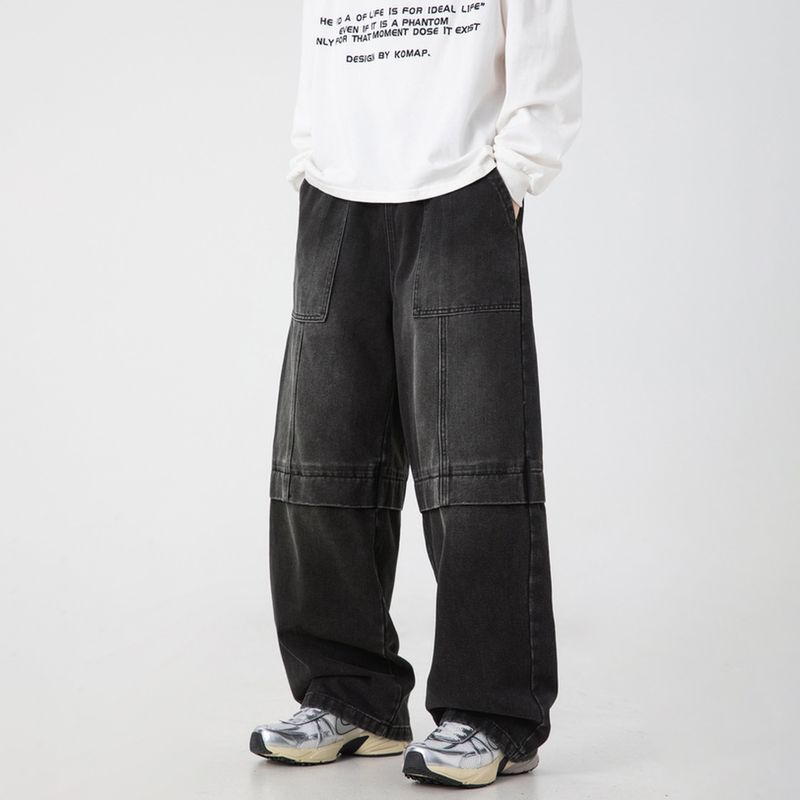 

Wassup Trendy American-Style Washed Vintage Gradient Blue Loose Jeans for Men and Women New Trendy Street Wide-Leg Pants Black 3XL