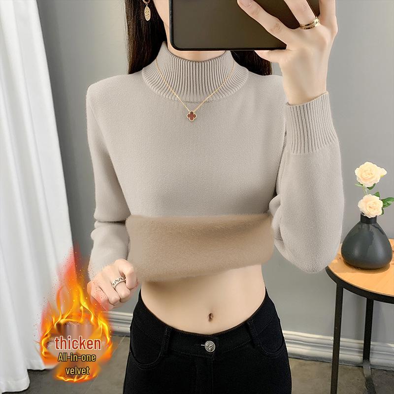 Women's Plus Size Knit Sweater - 2025 Autumn/Winter, Half-High Collar, Thickened Velvet Base Layer