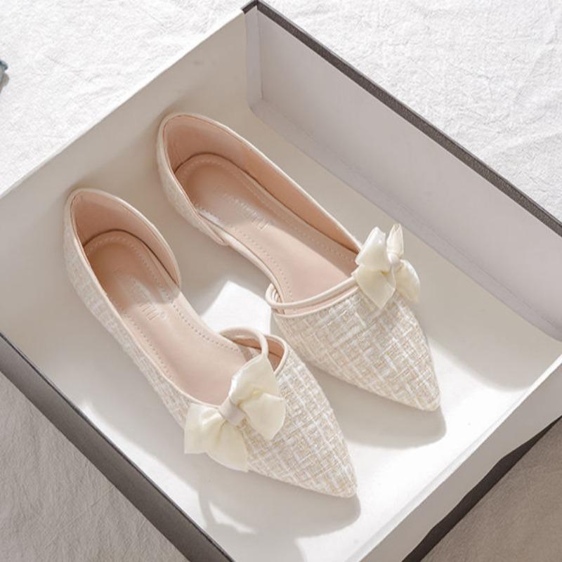 Fashion Shoes for Women with Bow Pointed Toe Evening White Woman Flats Elegant and Fashionable on Sale 2025 Trend Popular Vacation Young