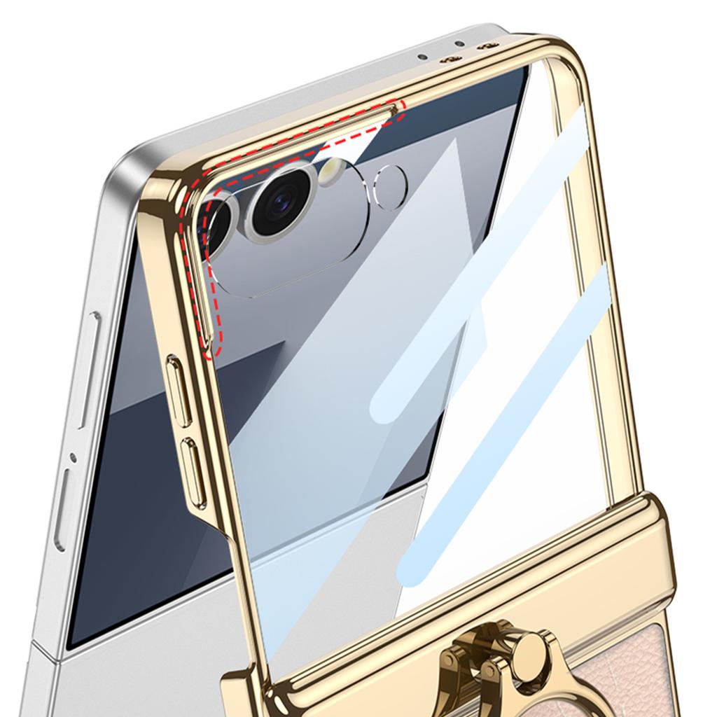 Suitable for Samsung Z FLIP7 Mobile Phone Case Electroplated Finger Ring Hinge Plain Leather Protective Case Flip7 Shell Film Anti Fall Full Package