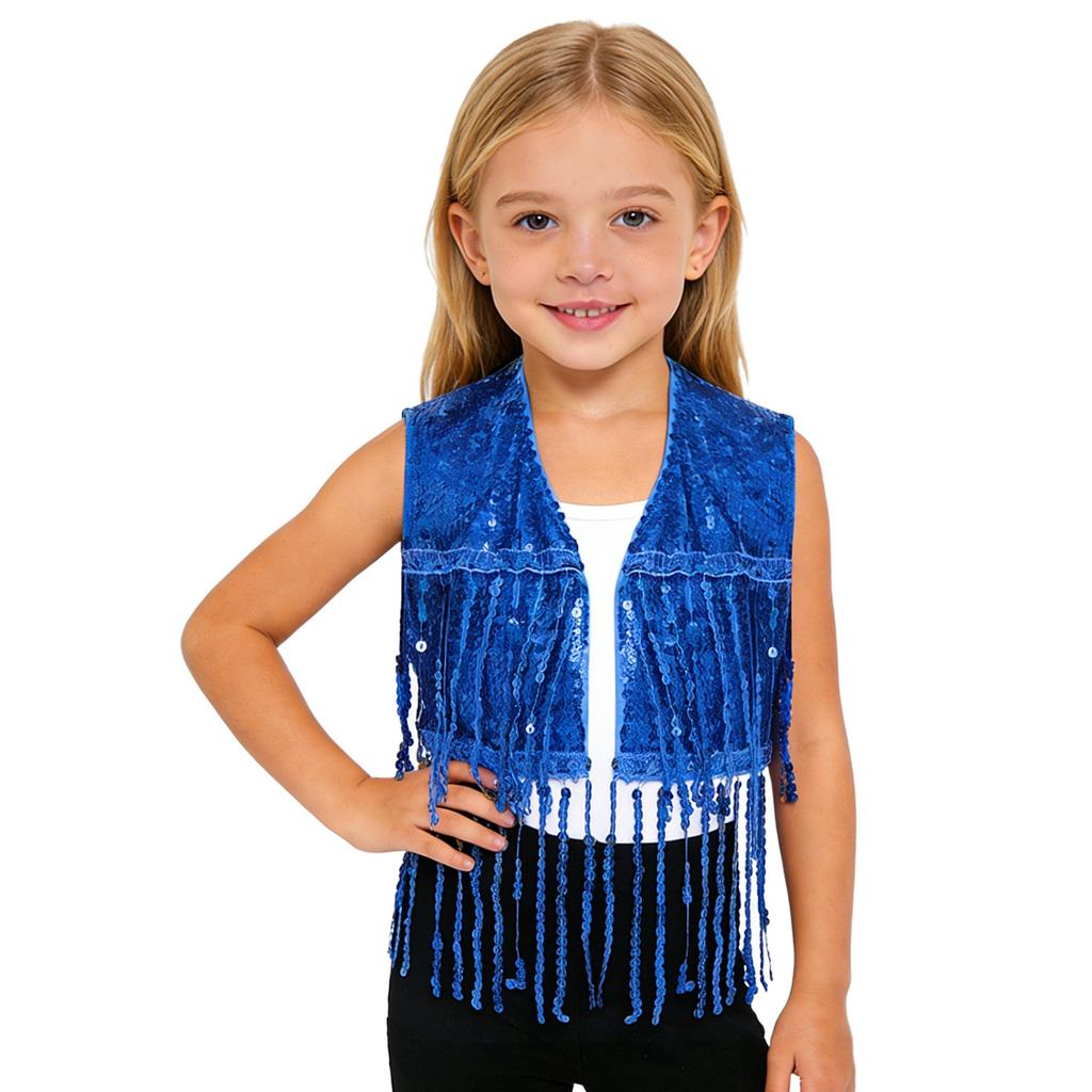 Sparkly Sequin Fringe Vest for Girls: Sleeveless Open Front Crop Top Waistcoat with Tassels, Perfect for Dance Recital & Show