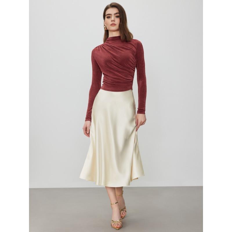 Autumn and Winter Slim Pullover Half High Neck Velvet Pleated Long Sleeve Top