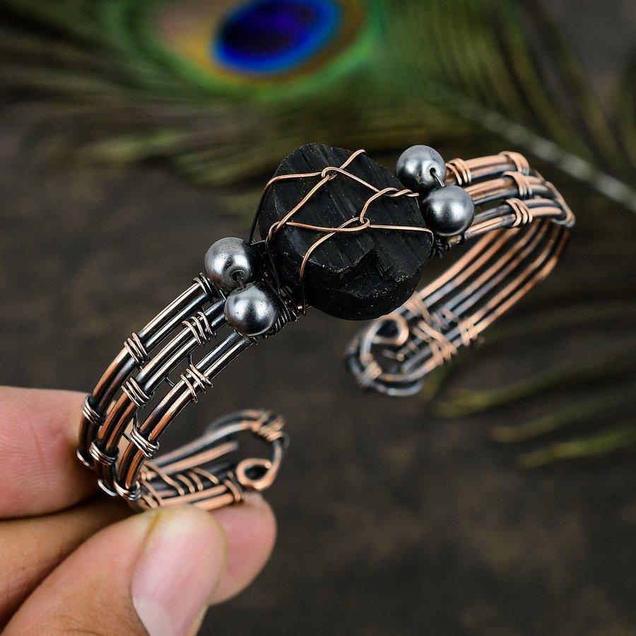 Natural Black Tourmaline Gemstone Copper Wire Wrap Cuff Bangle Adjustable B0s64