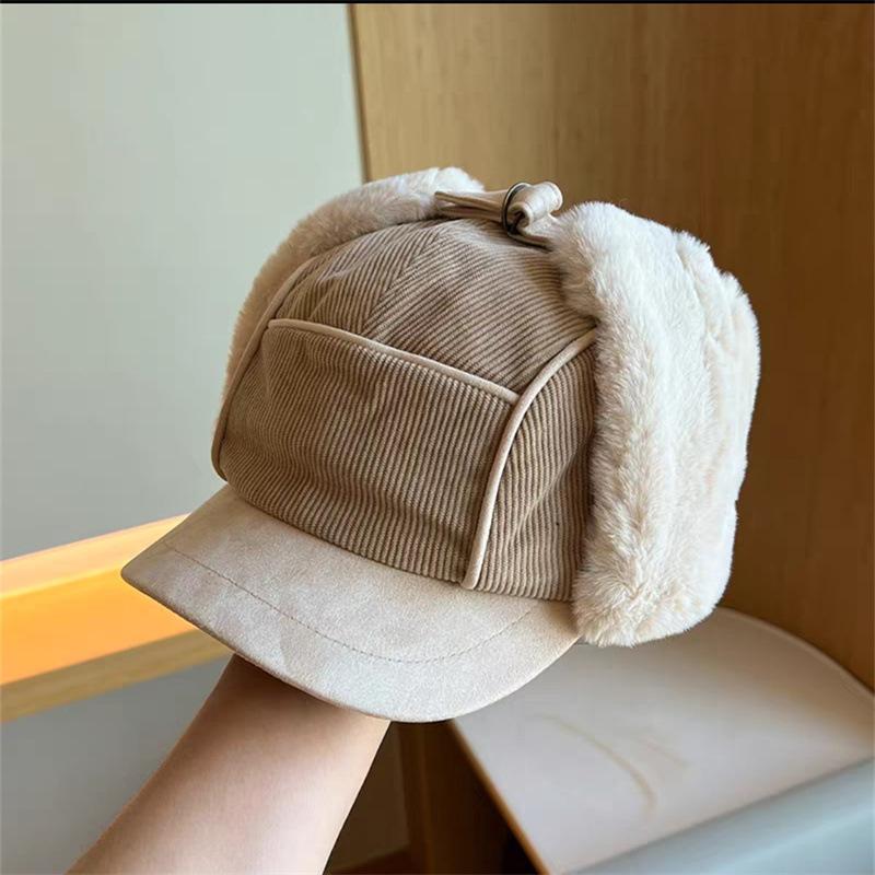

Versatile thickened corduroy lamb wool Lei Feng hat for men and women, winter cycling, ear protection, windproof landlord hat for women M（56-58cm） хакі
