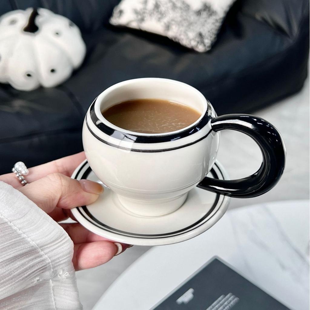 Nordic Style Retro Black Line Coffee Cups and Plates Retro Latte Cappuccino Americano Cups Afternoon Tea Coffee Shop
