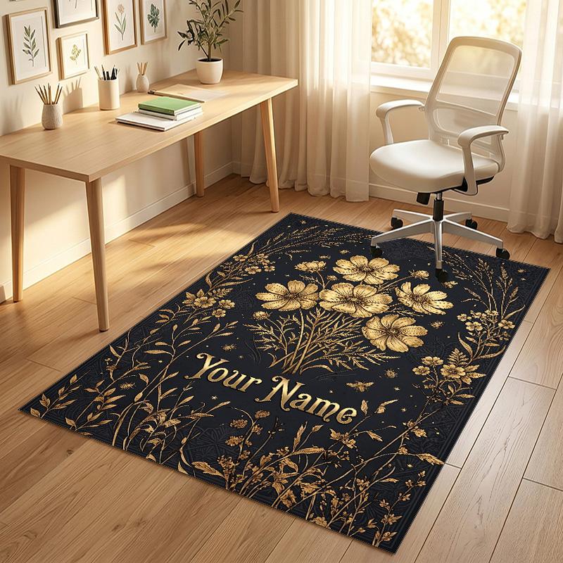 Golden Floral Elegance Theme Soft Crystal Velvet Rug Custom Name & Text Print Non Slip Floor Rug for Bedroom Living Room