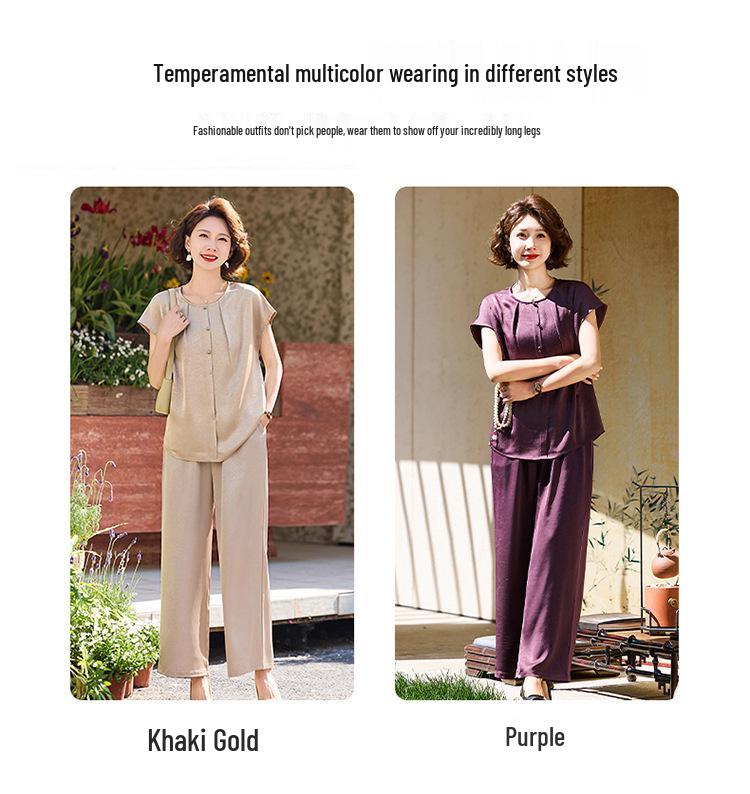 Chic Summer Short Sleeve Set for Middle-Aged & Elderly Women: Stylish Two-Piece with Wide Leg Pants