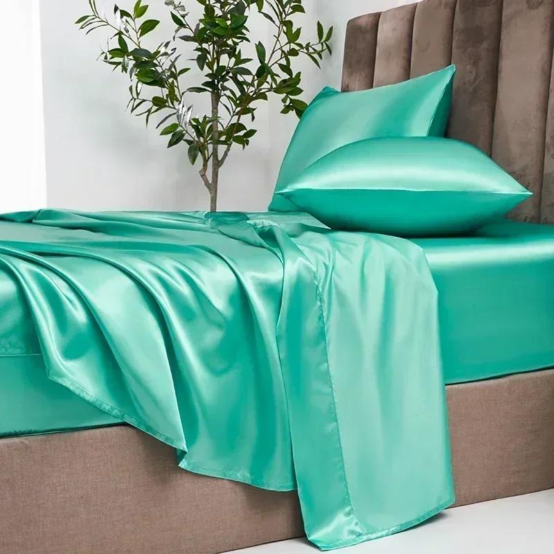 Luxury Satin Fabric Queen Size Bed Sheets Set King High Quality Fitted Sheet Flat Sheet Pillowcase Solid Bed Set Bedsheet Sets