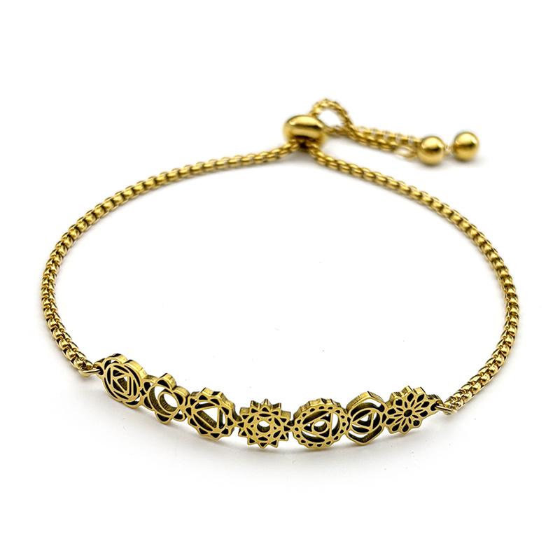 Indian Yoga 7 Chakra Flower Bracelet for Women Girls Stainless Steel Gold Color Hand Chain Reiki Healing Amulet Jewelry Gift