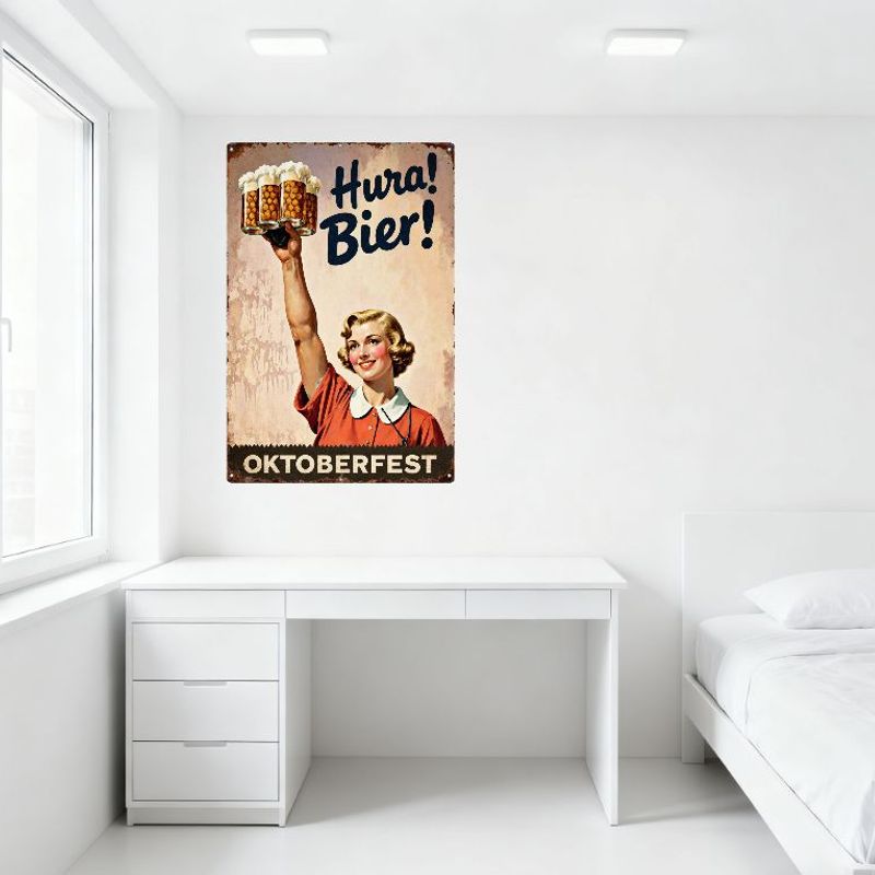 Vintage Oktoberfest Metal Tin Sign with Hura! Bier! Text, Beer Mug Waitress Design for Bar Cafe Man Cave Home Decor
