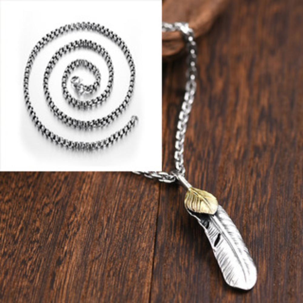 Xinqin Jewelry 925 Silver Feather Necklace Men's Trendy Brand Retro Hip Hop Couple Personalized Versatile Silver Pendant
