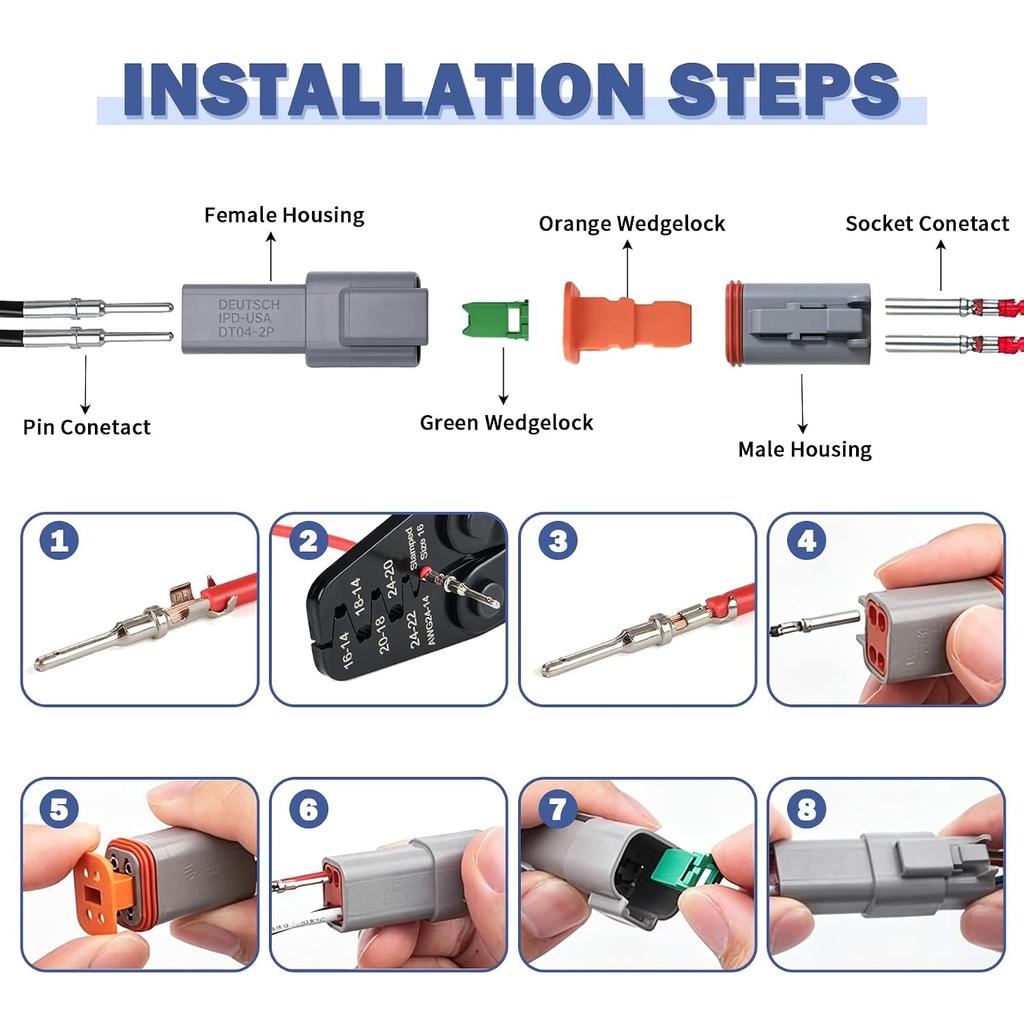 Deutsch DT 2 Pin Connector Kit 2pin Waterproof Automotive Wire Connectors | Gray Waterproof Electrical Wire Connector for Cars,