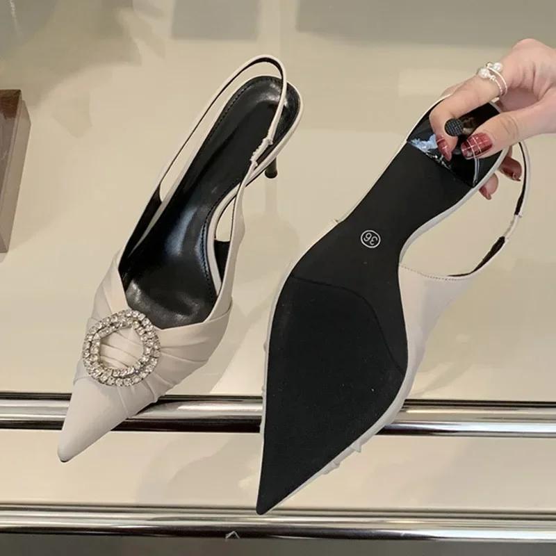 Fashion Luxury Design Rhinestone Buckle Women Pumps Cozy Silk Pointed Toe Party Prom Shoes Slingback High Heels Mules Heeled Sandals