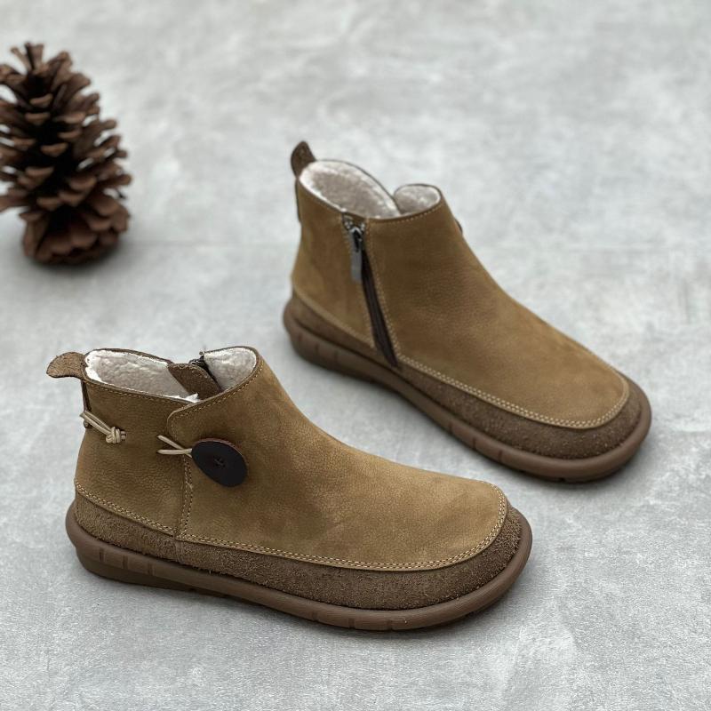 Retro Women Flat Short Boots Genuine Leather Shoes Handmade Round Toe Solid Color Ankle Boots