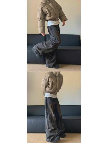 Unisex American Retro Distressed Heavyweight Pleated Wide-Leg Wasteland Jeans