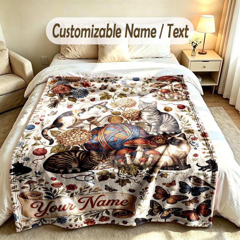 Cat Theme Soft Blanket Personalized Custom Name Text Print Warm Blanket Home Sofa Bedroom Decor