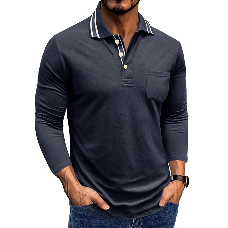 Spring Trend Men's Long Sleeve Casual Polo Shirts Solid Lapel Button Up Pullover Tops Autumn Turn Down Collar Polos