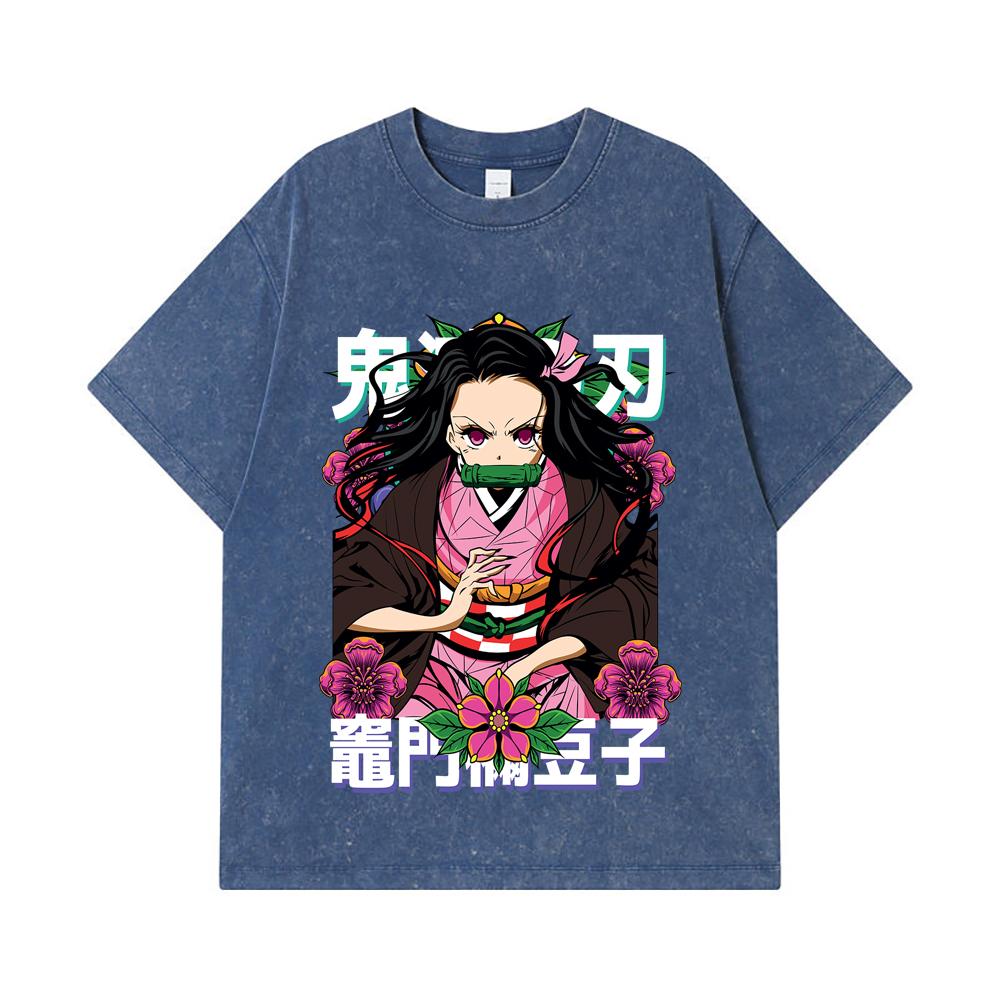

275 GSM Washed T-shirts 100% Cotton Demon Slayer V70 Nezuko Flower Print Unisex Heavy Cotton T Shirt 2XL королівський синій колір