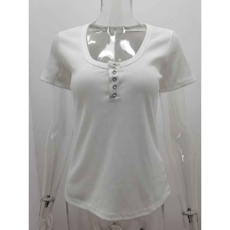 Summer Women Solid Colour Casual T-Shirt U Neck Pullover Tight Short Sleeve Top