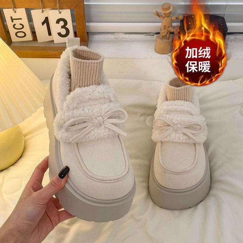 Sweet heightening thick-soled velvet cotton shoes for women's new autumn and winter thickened warm solid-color fluffy shoes