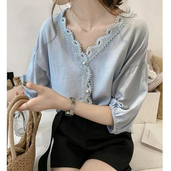 In-Stock Summer V-Neck Chiffon Blouse with Crochet Lace Patchwork